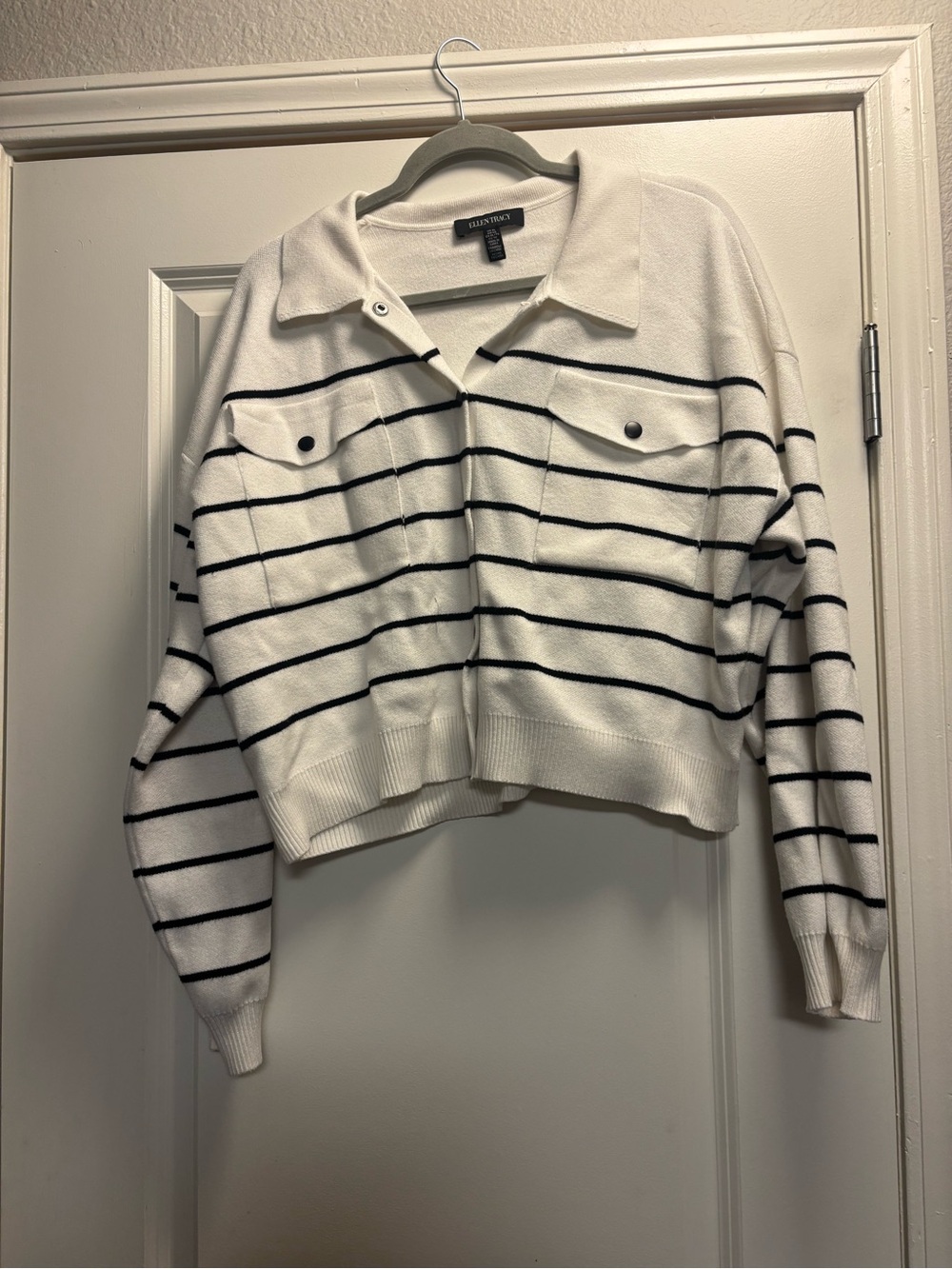 Ellen Tracy Black and White Stripe Collared Cardigan Size XL